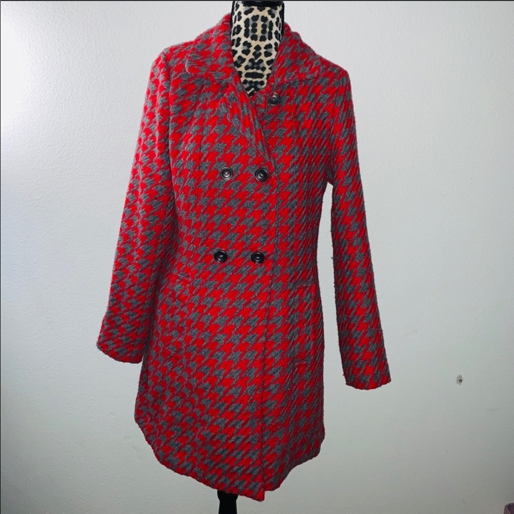 Cristina Ehrlich Red and Gray Houndstooth Coat